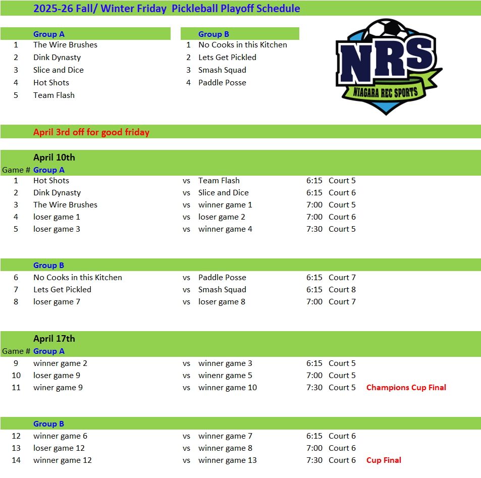 NRS 2025-26 fall winter Friday Pickleball Schedule 9 teams