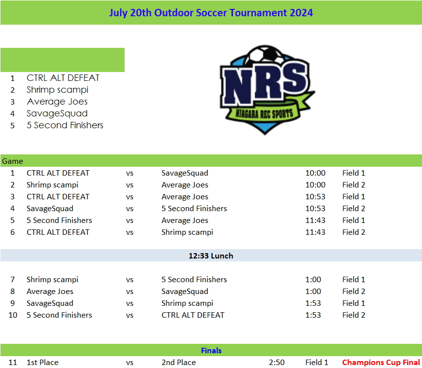 NRS 2024 Coed Outdoor Soccer Tournament Schedule