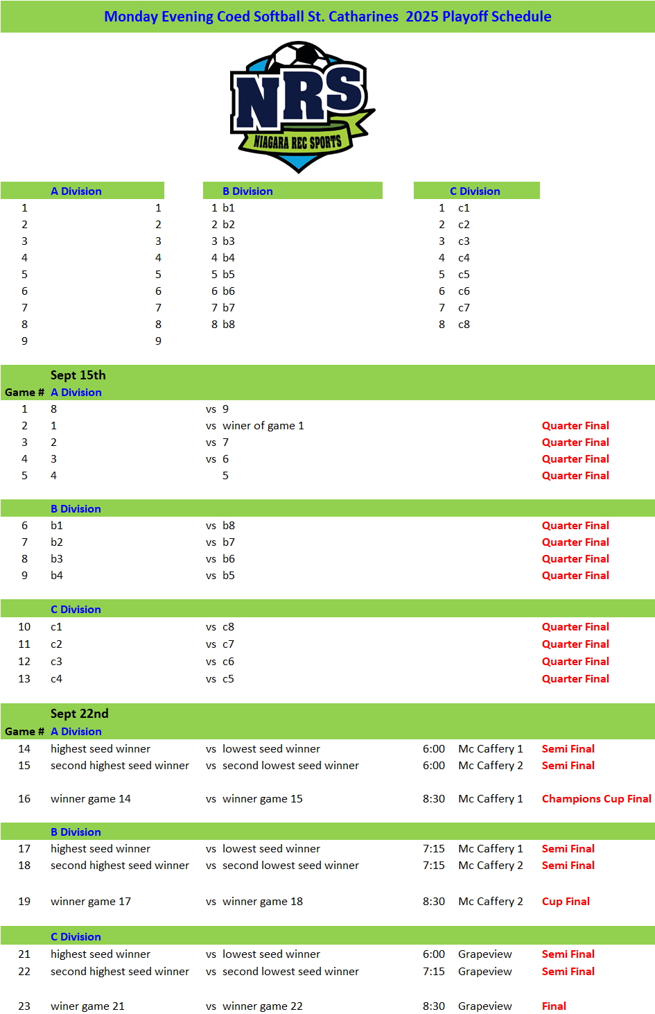 NRS 2025 Monday Softball Playoff Schedule 1a