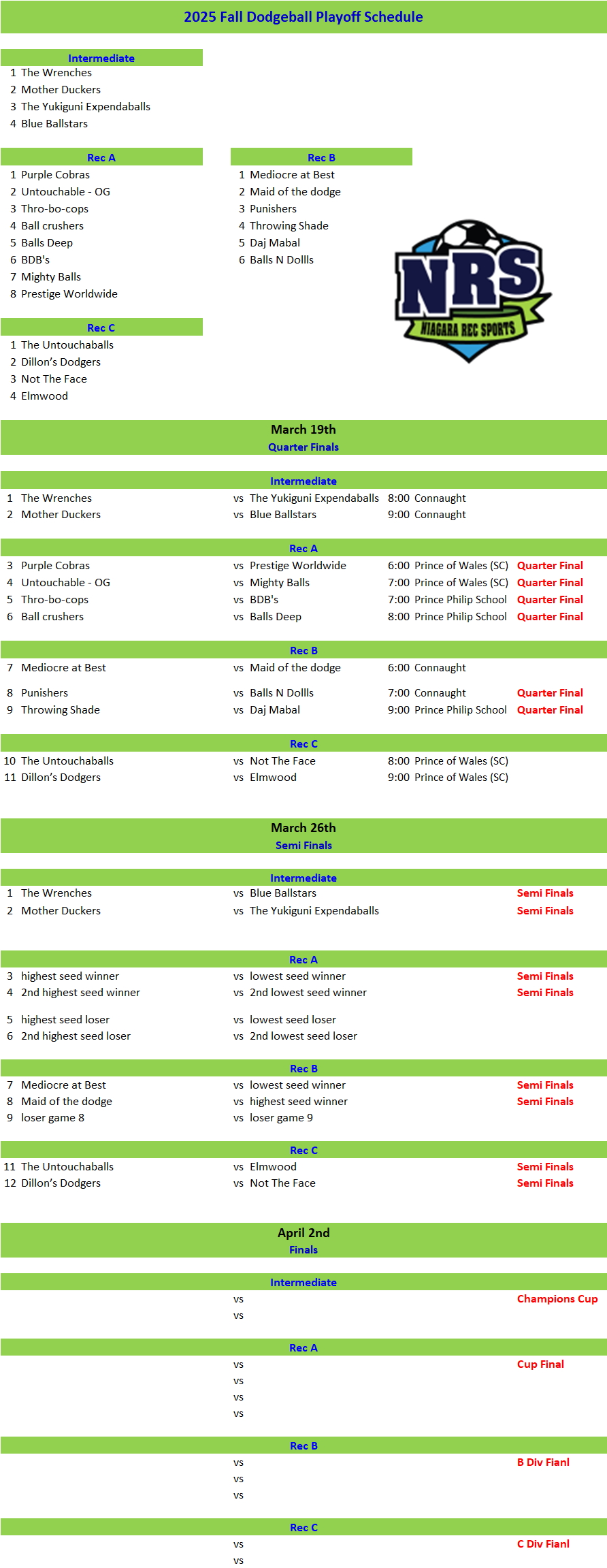 NRS 2025 Winter Dodgeball Playoff Schedule