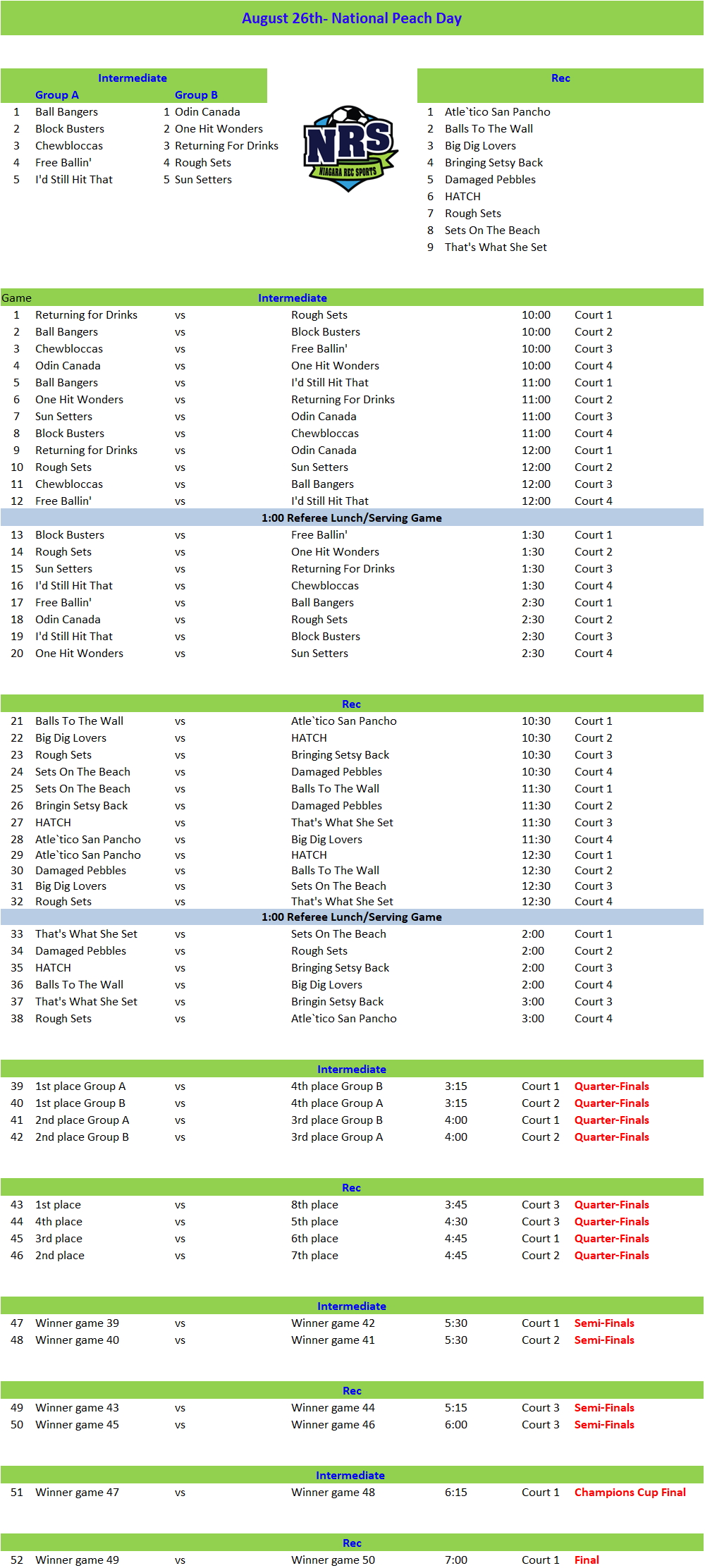 August 26th National Peach Day Beach Volleyball Tournament Schedule ...