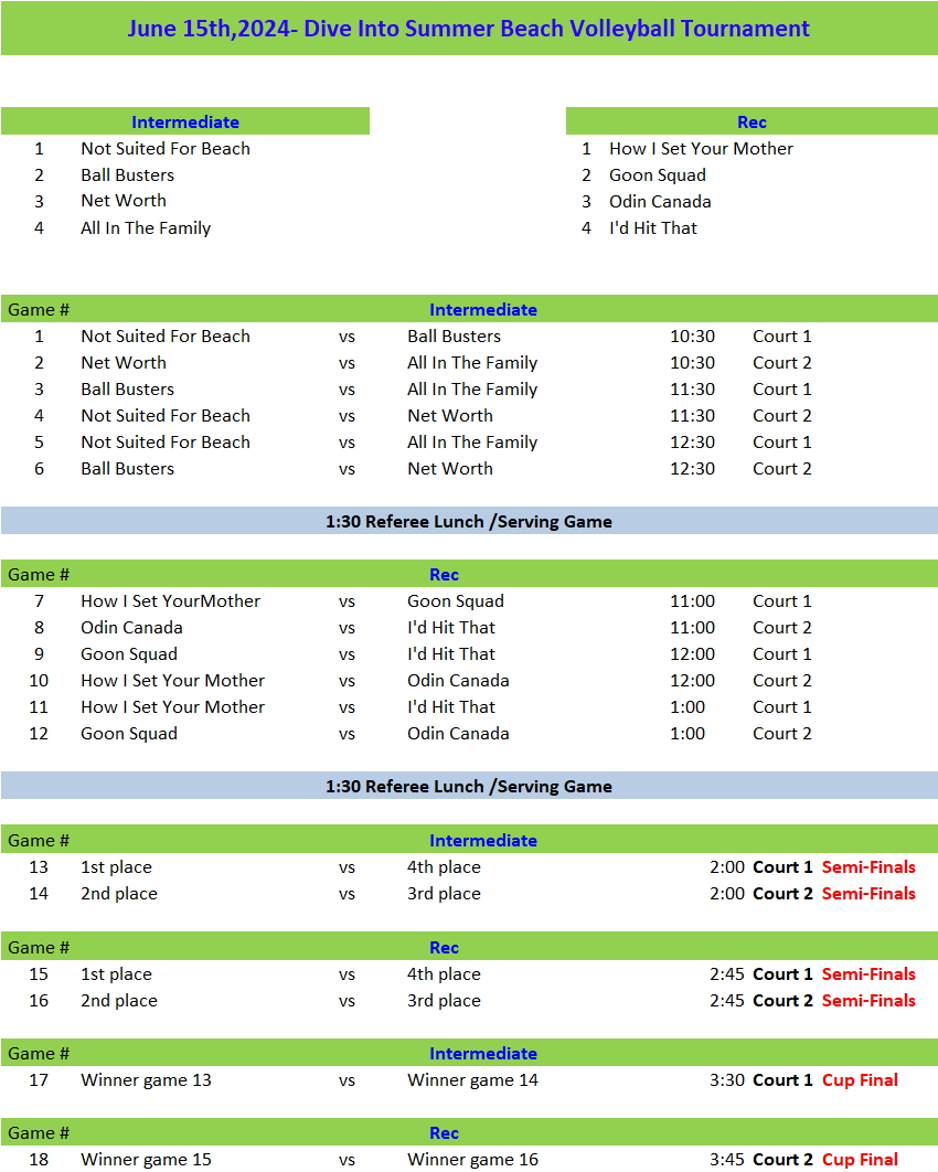 NRS June 15th Beach Volleyball Schedule