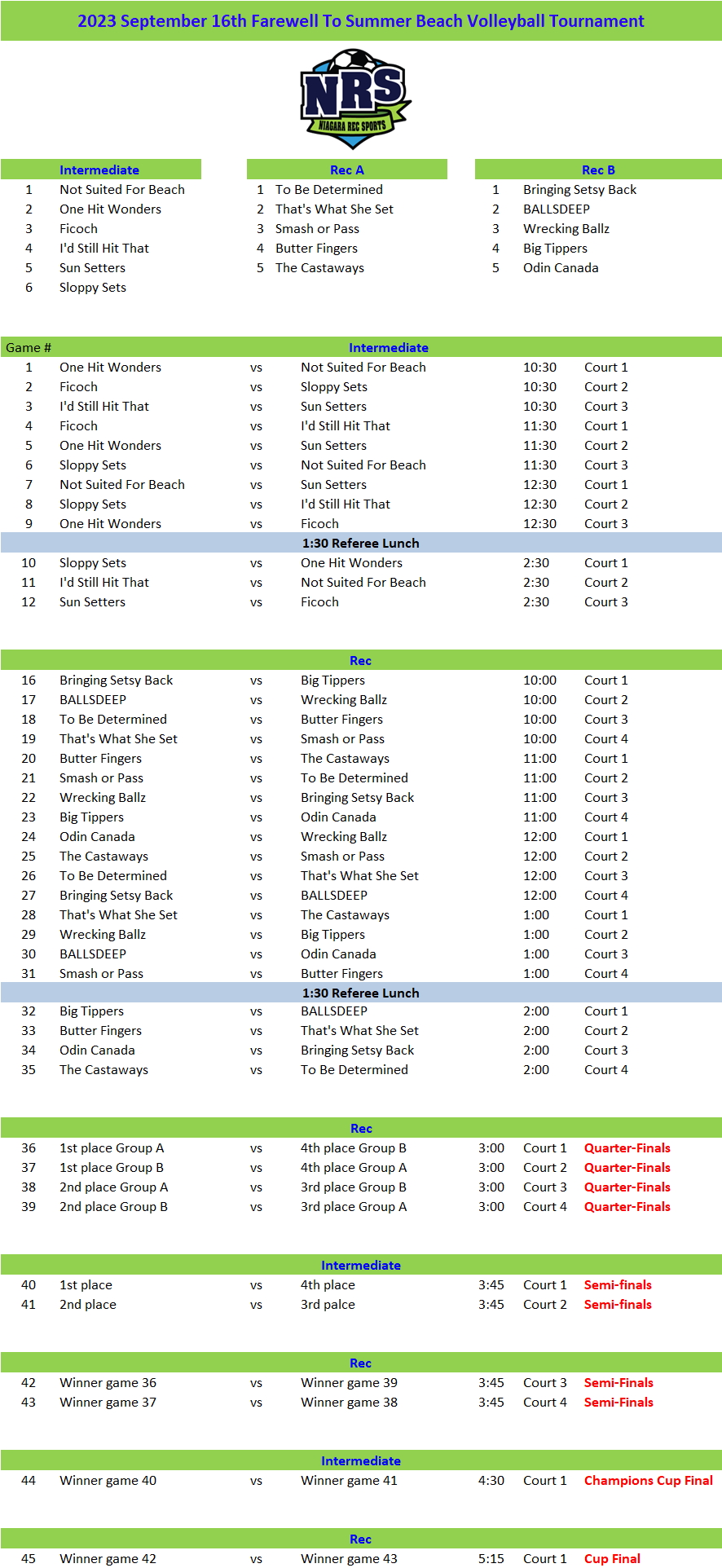 September 16th Farewell To Summer Beach Volleyball Tournament Schedule ...